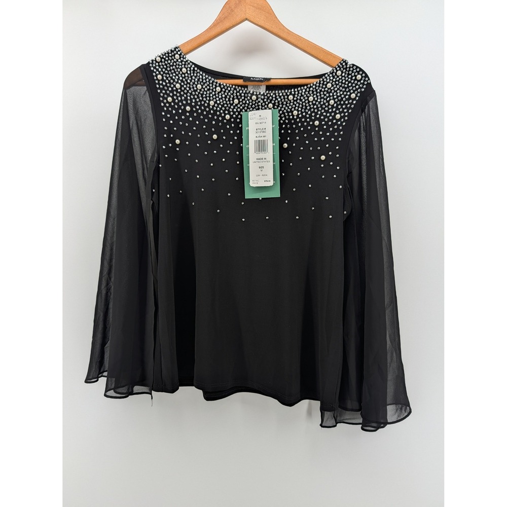 MSK Blouse Women Medium Black NEW Pearl Stud Embellished Sheer Bell Sleeve Top
